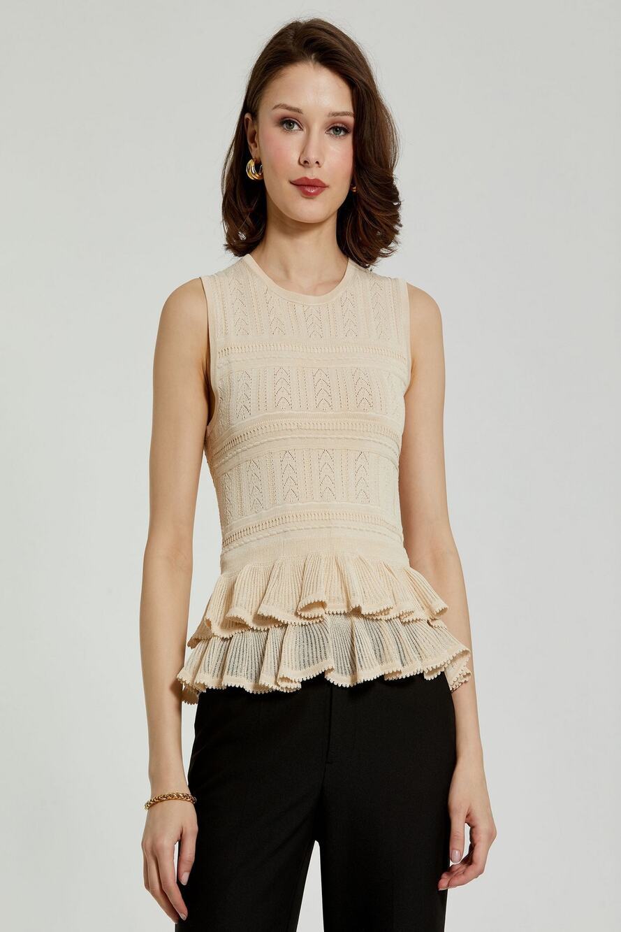 Mac Duggal Women's Sleeveless High Neck Knit Top Ruffle Hem Beige Size L NWT